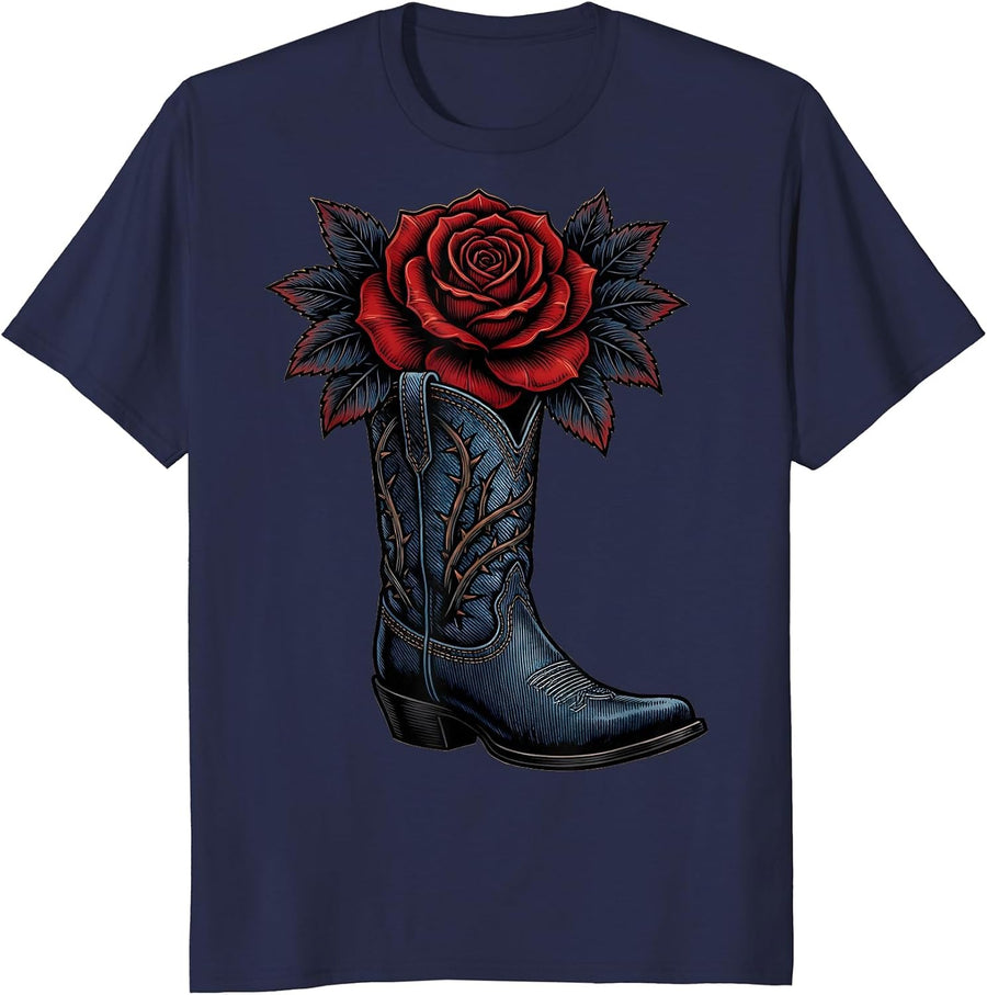 Denim Rose Cowboy Boot Cowgirl Graphic Tee T-Shirt - Navy Blue