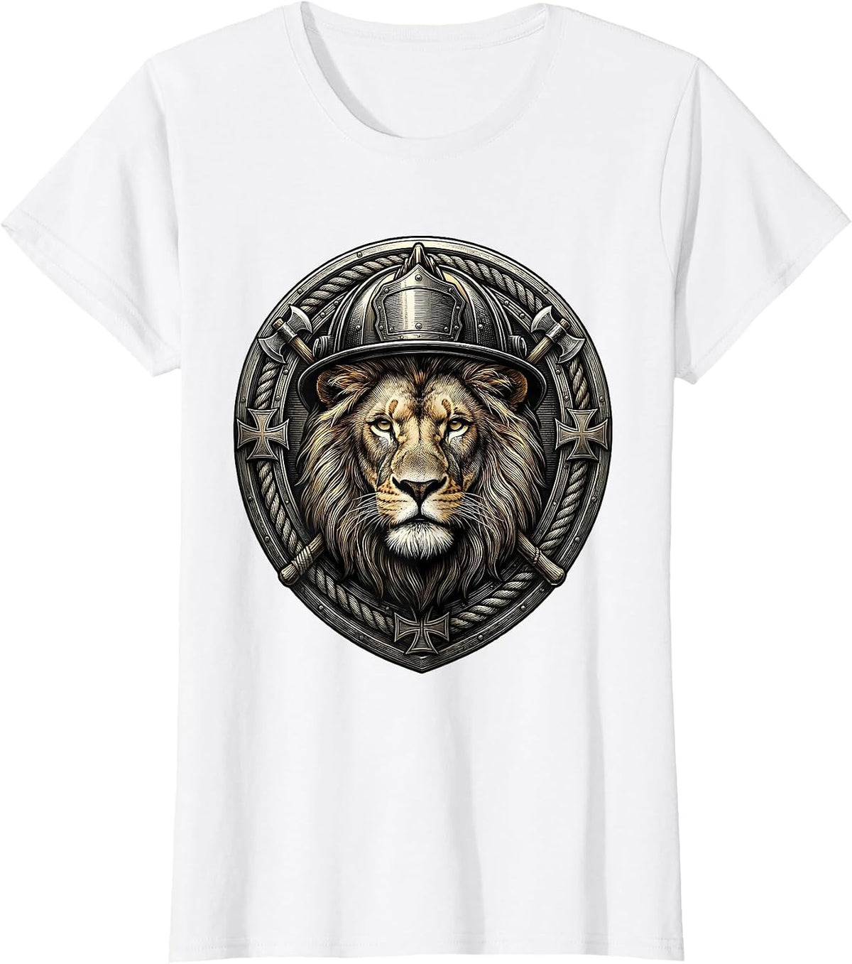 Lion Face Firefighter Helmet Graphic Design T-Shirt - White