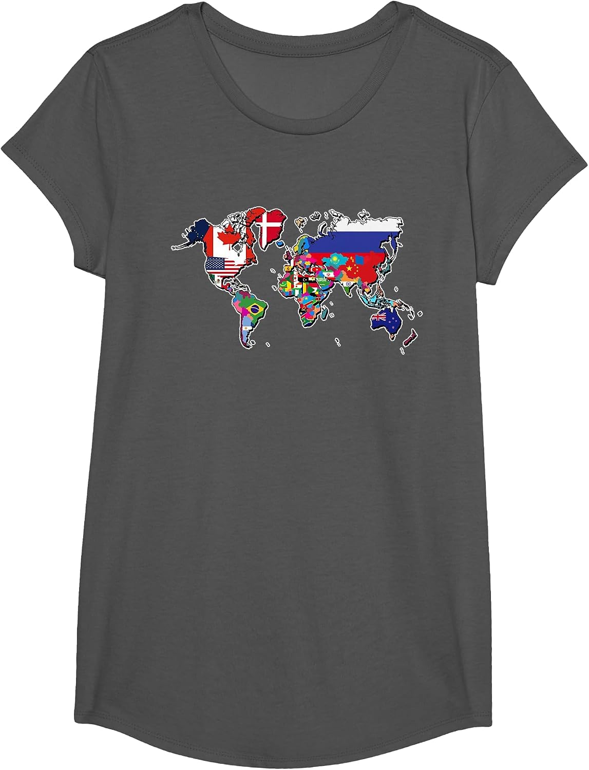 World Flag Map T-Shirt Globe Travelers Atlas T-Shirt - Girls Asphalt Grey