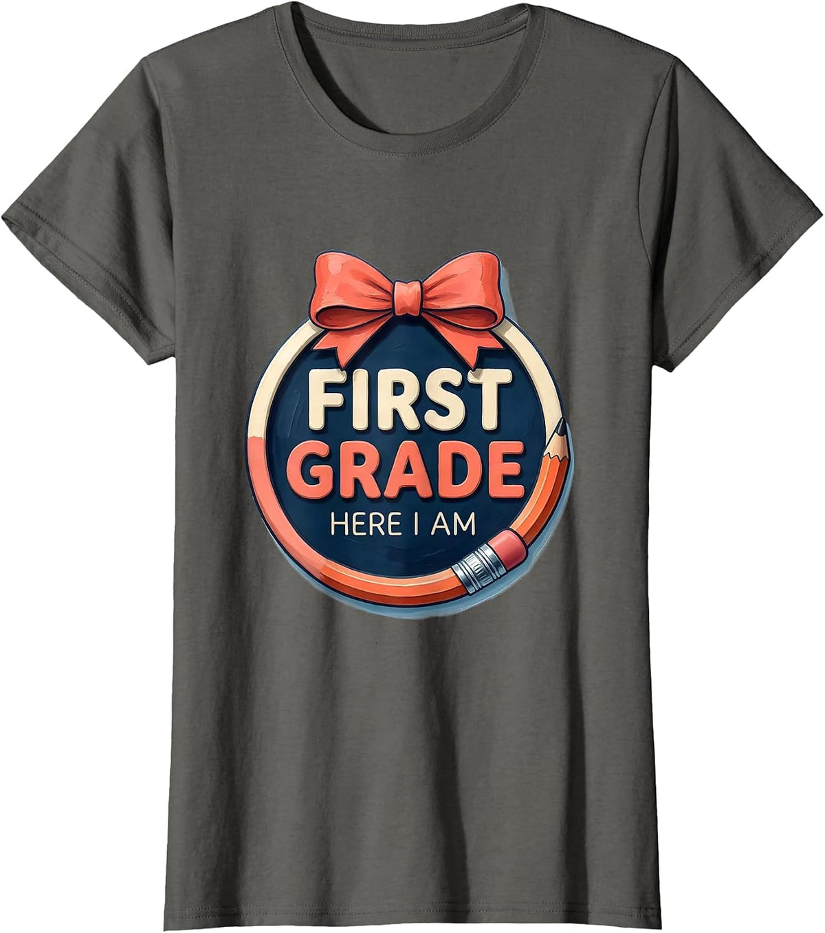 Women's First Grade Here I Am Cute Coquette Bow Back to School T-Shirt - Asphalt Grey
