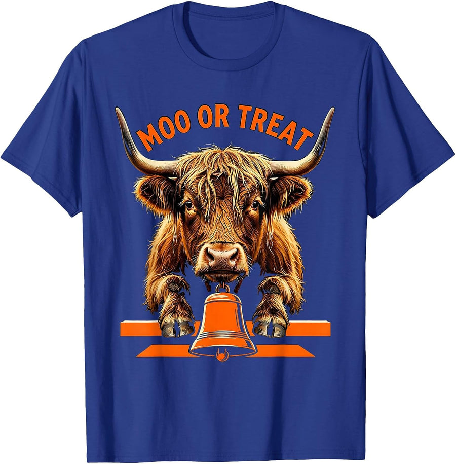 Moo Or Treat Funny Highland Cow Ghost Halloween Costume T-Shirt - Royal Blue