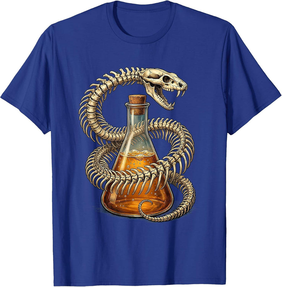 Snake Skeleton Coiled Around Chemistry Beaker T-Shirt - Royal Blue