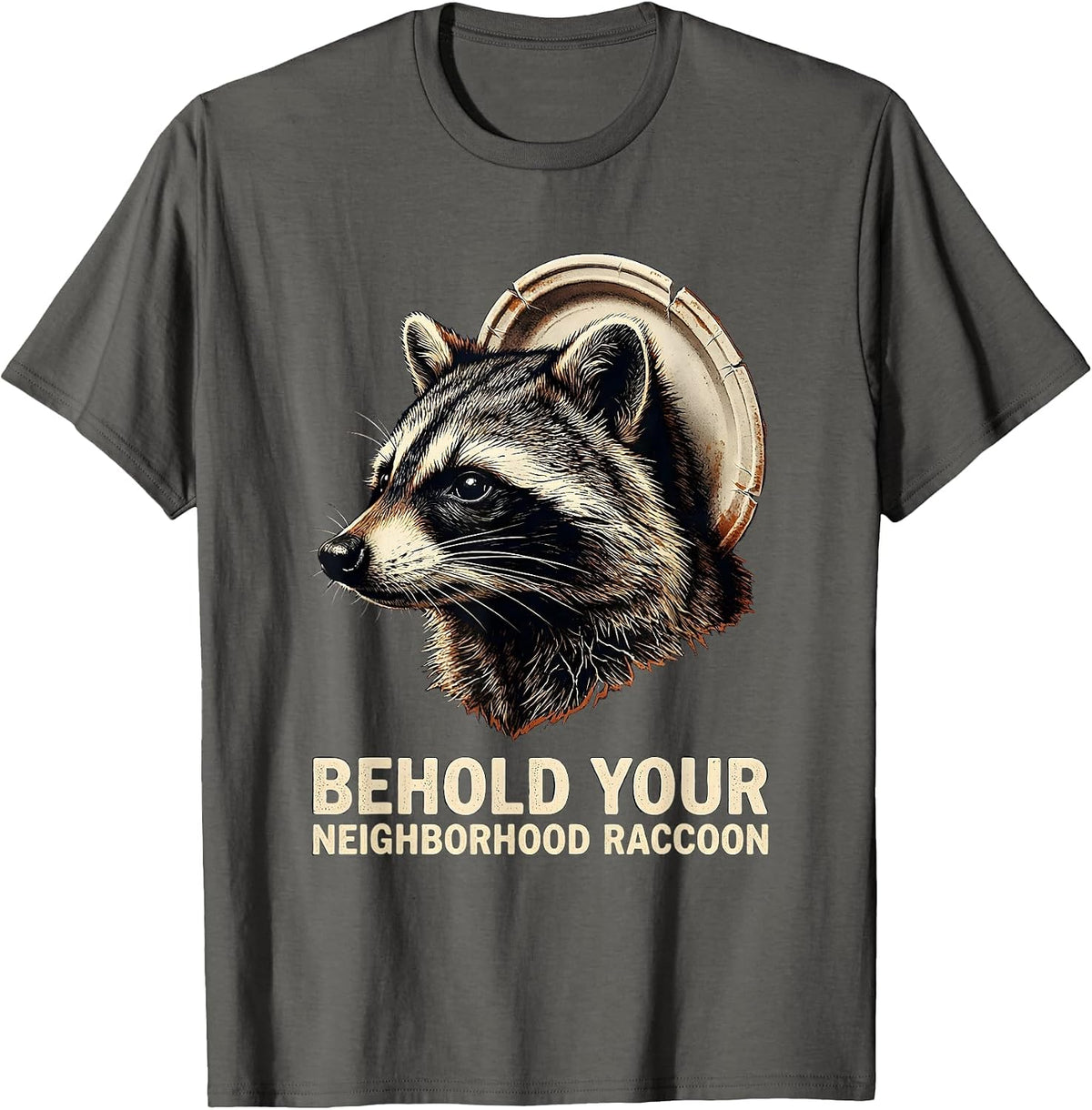 Men's Behold, Your Neighborhood Raccoon Funny Rubber Stamp T-Shirt - Asphalt Grey