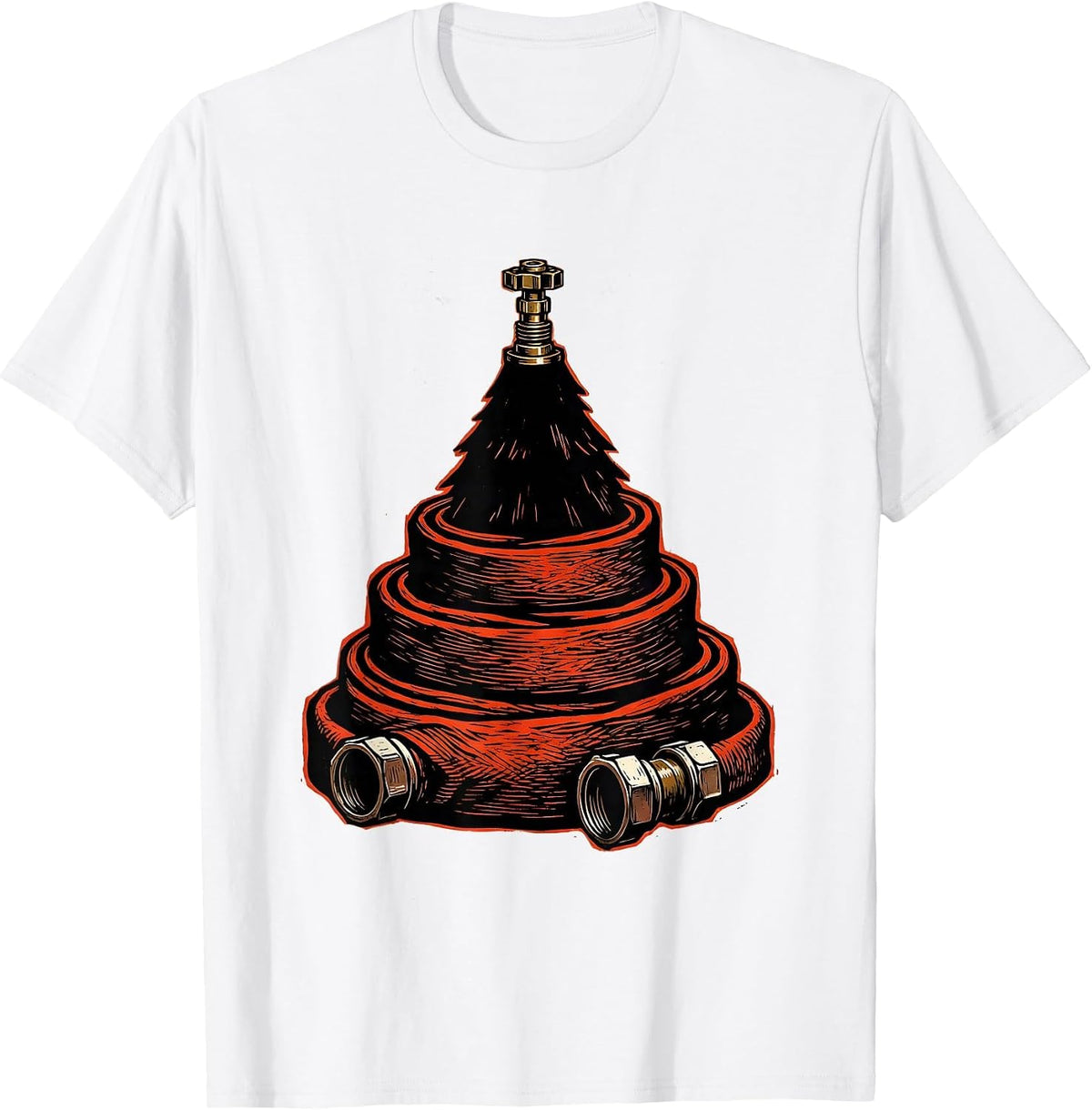 Men's Fire Hose Tree Linocut Firefighter Tribute Gift T-Shirt - White