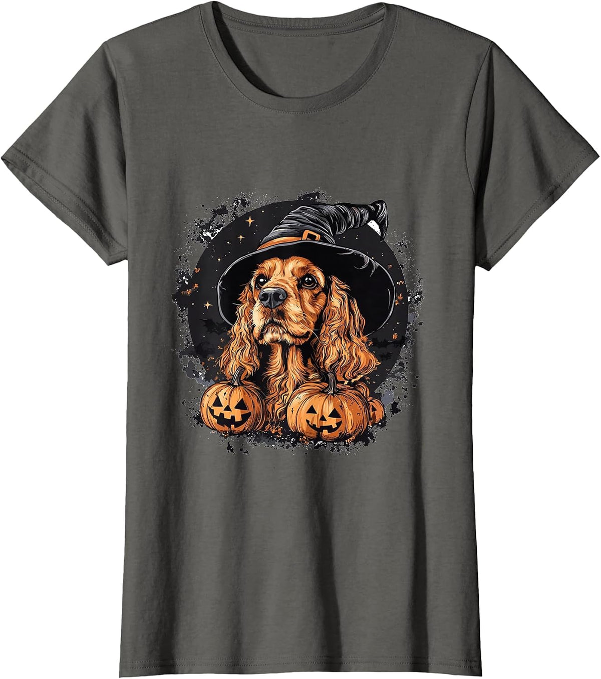 Cocker Spaniel Dog Whitch Hat Halloween Pumpkin Spooky Happy T-Shirt - Asphalt Grey