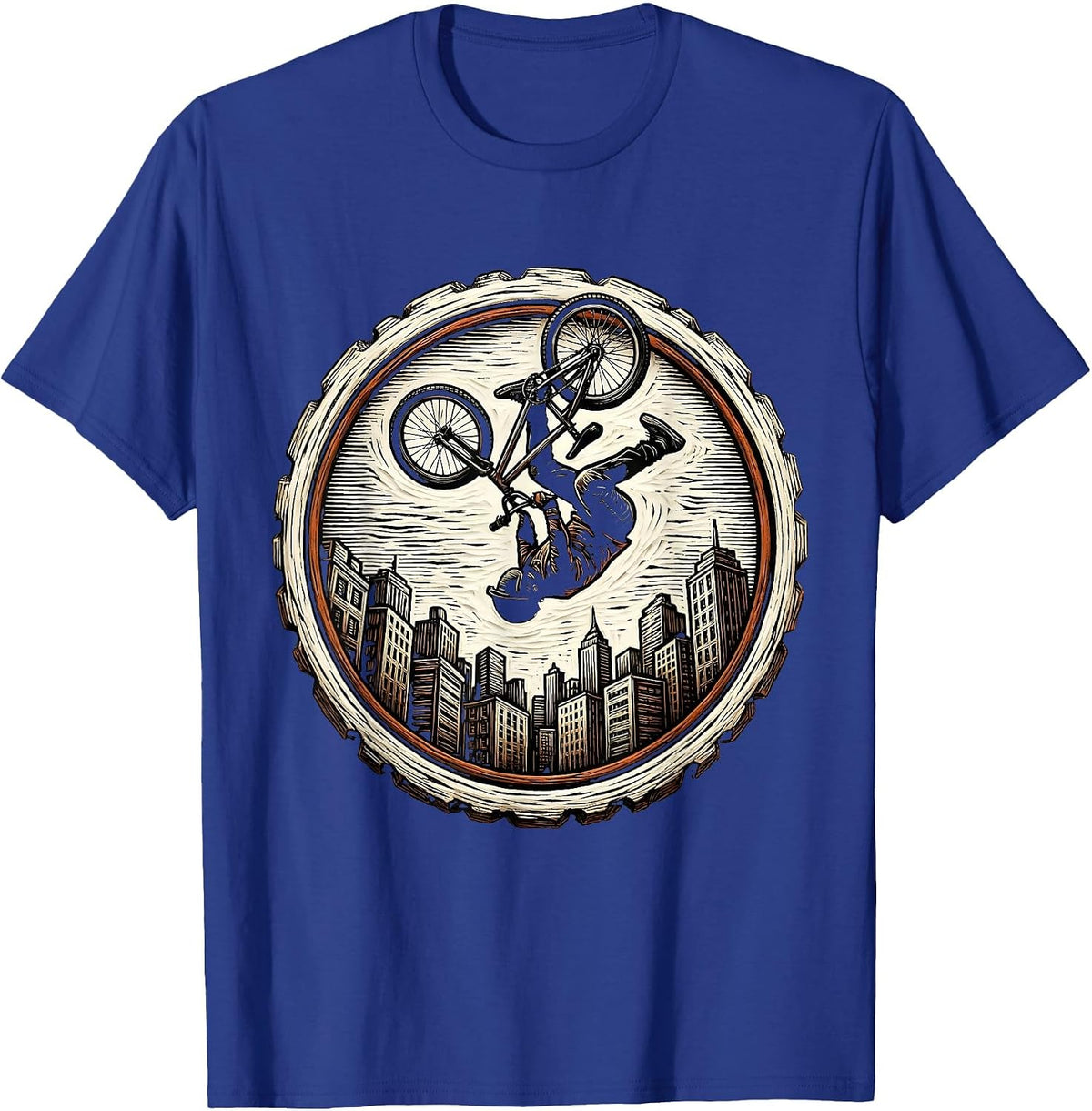 BMX Backflip City Skyline Graphic Tee T-Shirt - Royal Blue