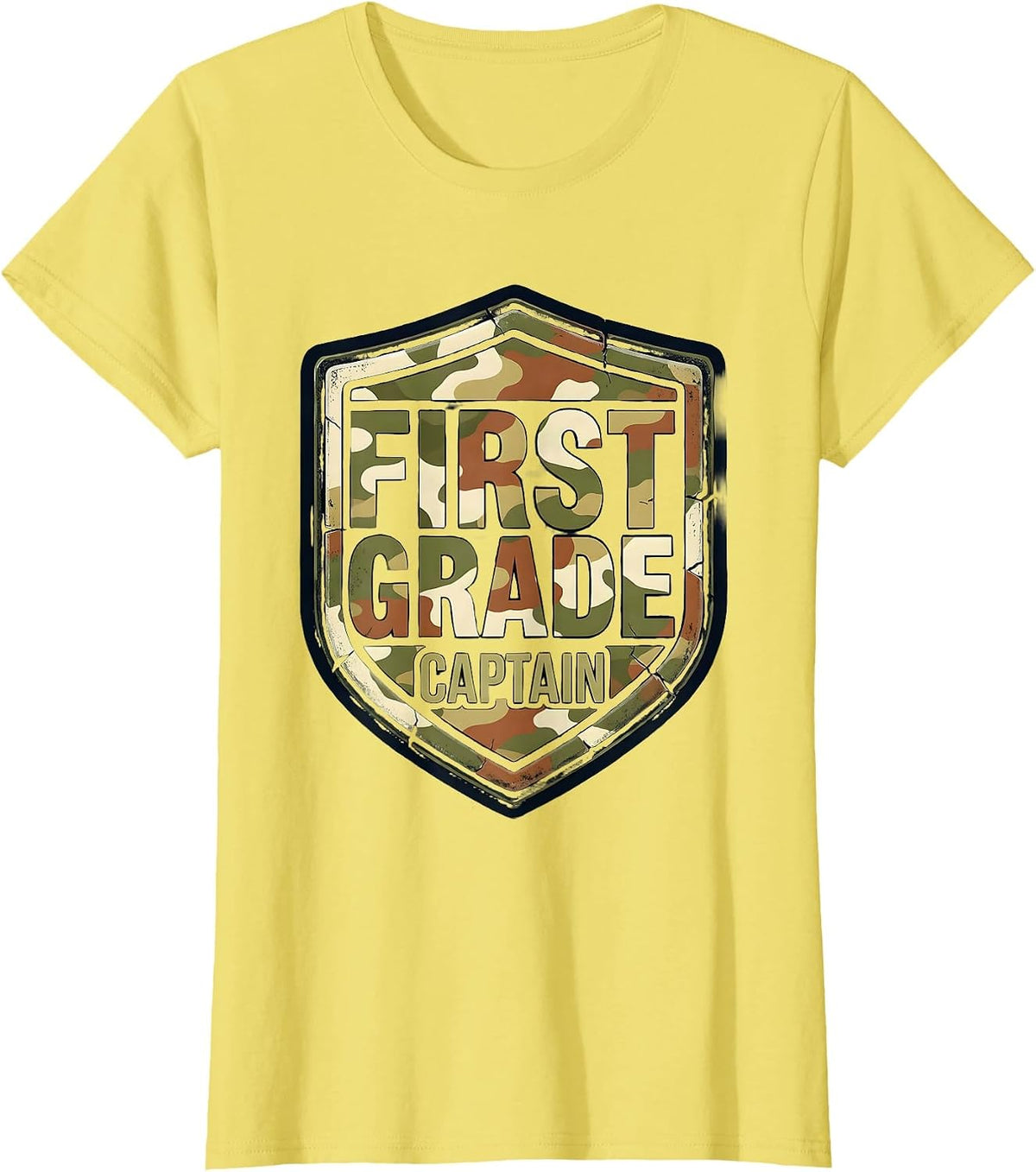 First Grade Captain Distressed Camo Back To School Boys T-Shirt - Lemon Yellow