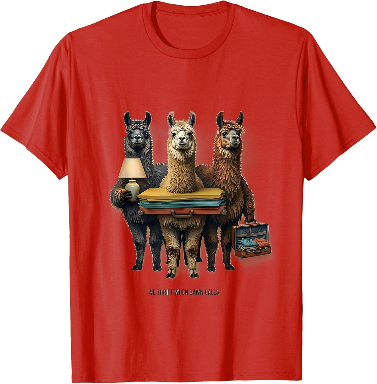 Men's We Thrift When Dawn Calls Paper Cutout Llama Thrifting Humor T-Shirt - Red