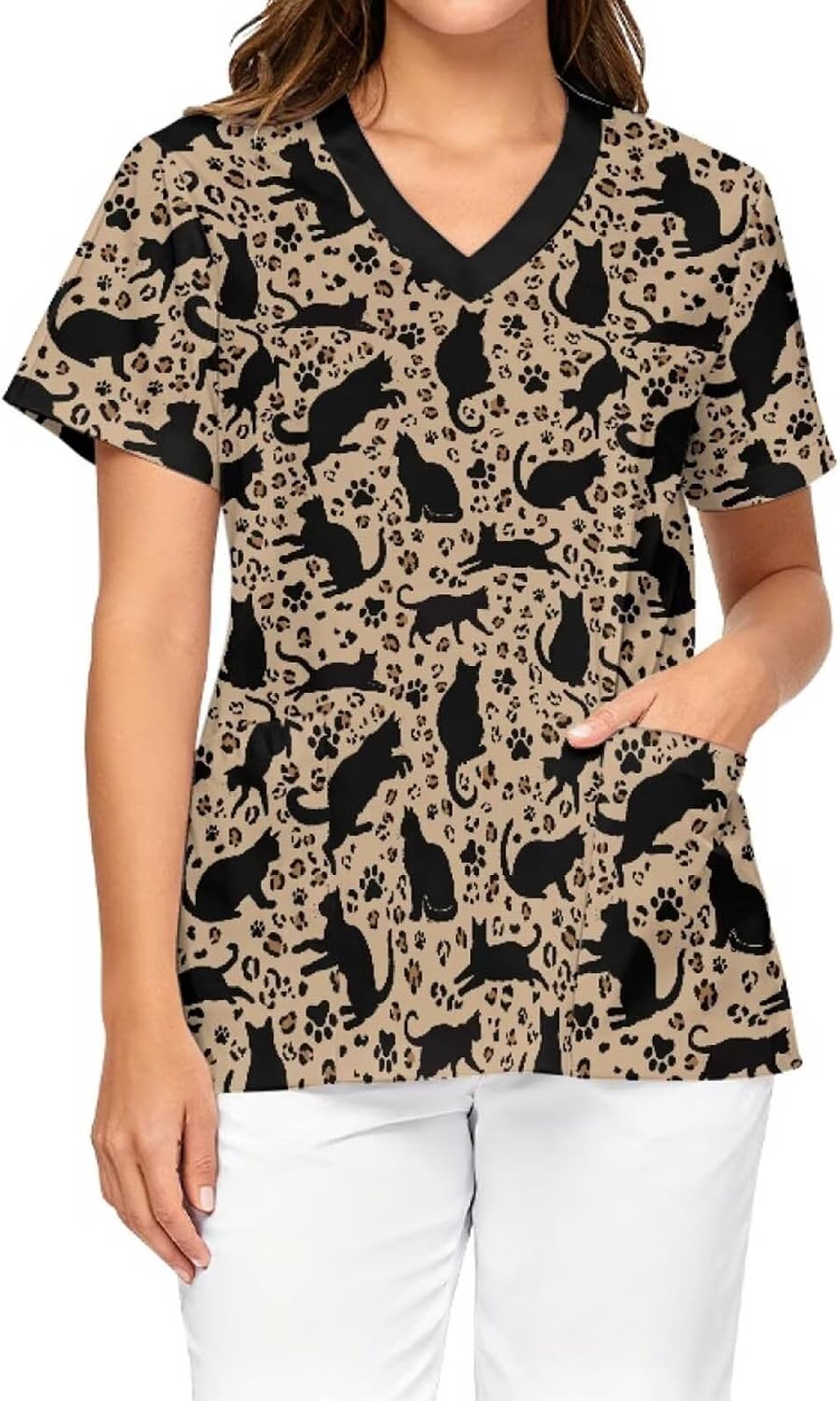 Printed Scrub Tops for Women, Soft Stretch Fabric V-Neck & Short Sleeve Medical Nurse Uniform Shirts with 2 Pockets - Brown