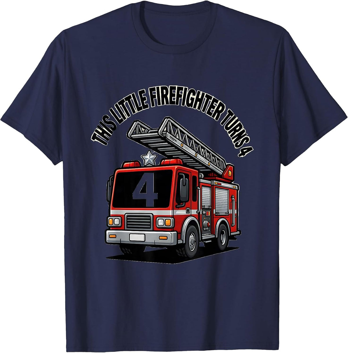 Men's This Little Firefighter Turns 4 Cartoon Fire Truck Toddler T-Shirt - Navy Blue