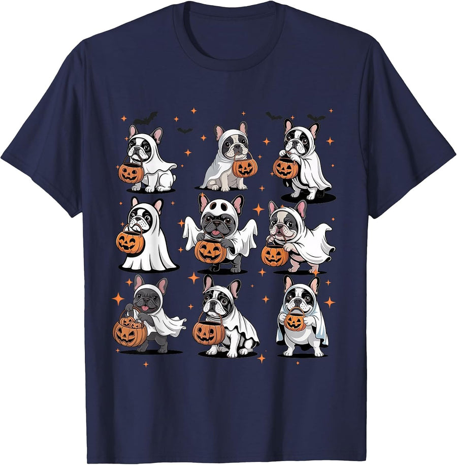 Cute Fall French Bulldog Ghost Costume Dog Lover Halloween T-Shirt - Navy Blue