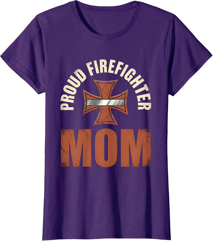 Women's Proud Firefighter Mom Distressed Thin Red Line Maltese Cross T-Shirt - Purple