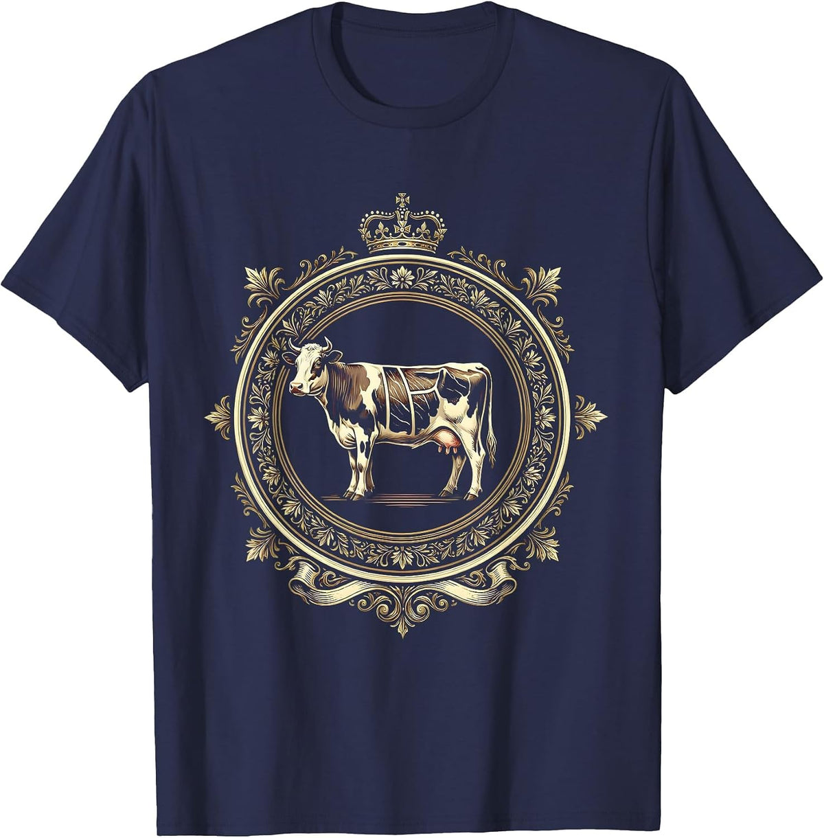 Butcher Cow Diagram Ornate Border Chef Design T-Shirt - Navy Blue