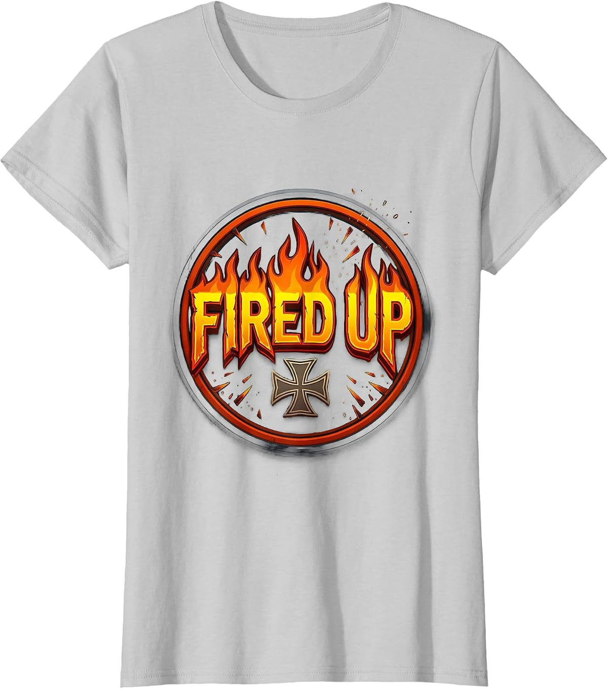 Women's Fired Up Gritty Flame Badge Firefighter Humor Occupation T-Shirt - Silver Grey