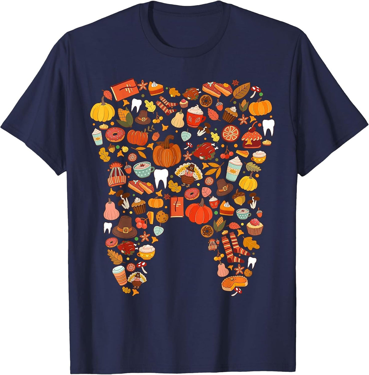 Teeth Doodles Pumpkin Fall Dental Hygienist Autumn Season T-Shirt - Navy Blue