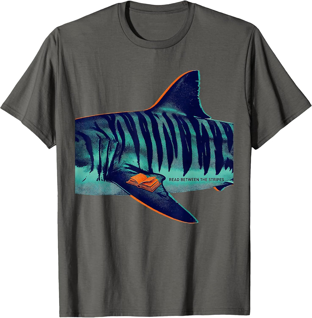 Men's Read Between The Stripes Funny Shark Lover Marine Biology T-Shirt - Asphalt Grey