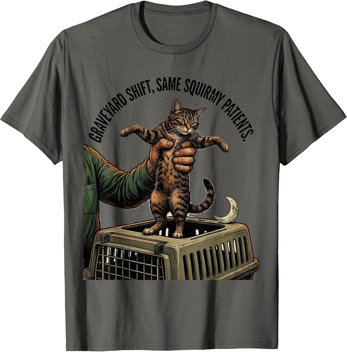 Men's Graveyard Shift Same Squirmy Patients Vintage Vet Tech Humor T-Shirt - Asphalt Grey
