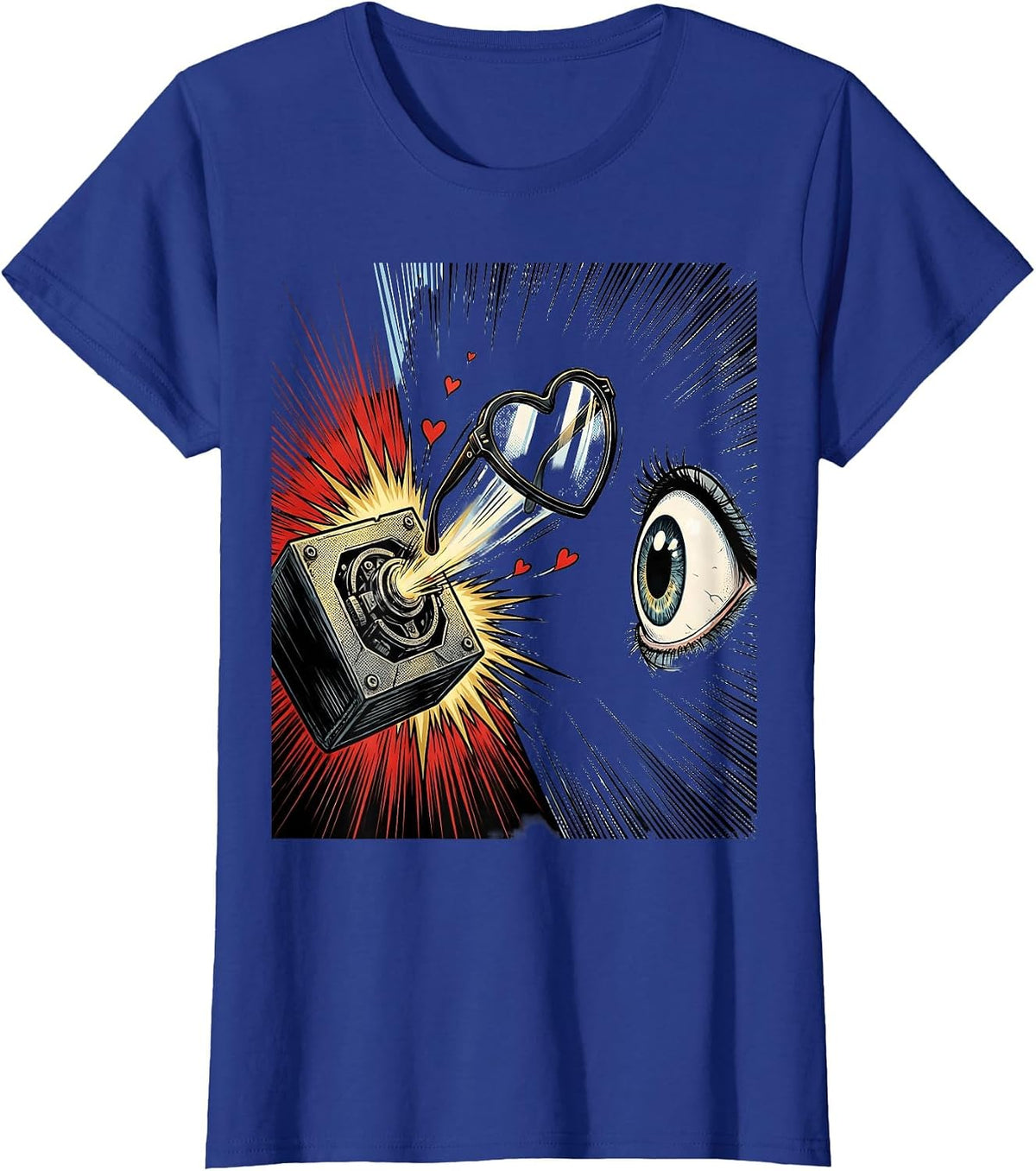 Women's Comic Lens Heart Optometrist Eye-Care Humor T-Shirt - Royal Blue