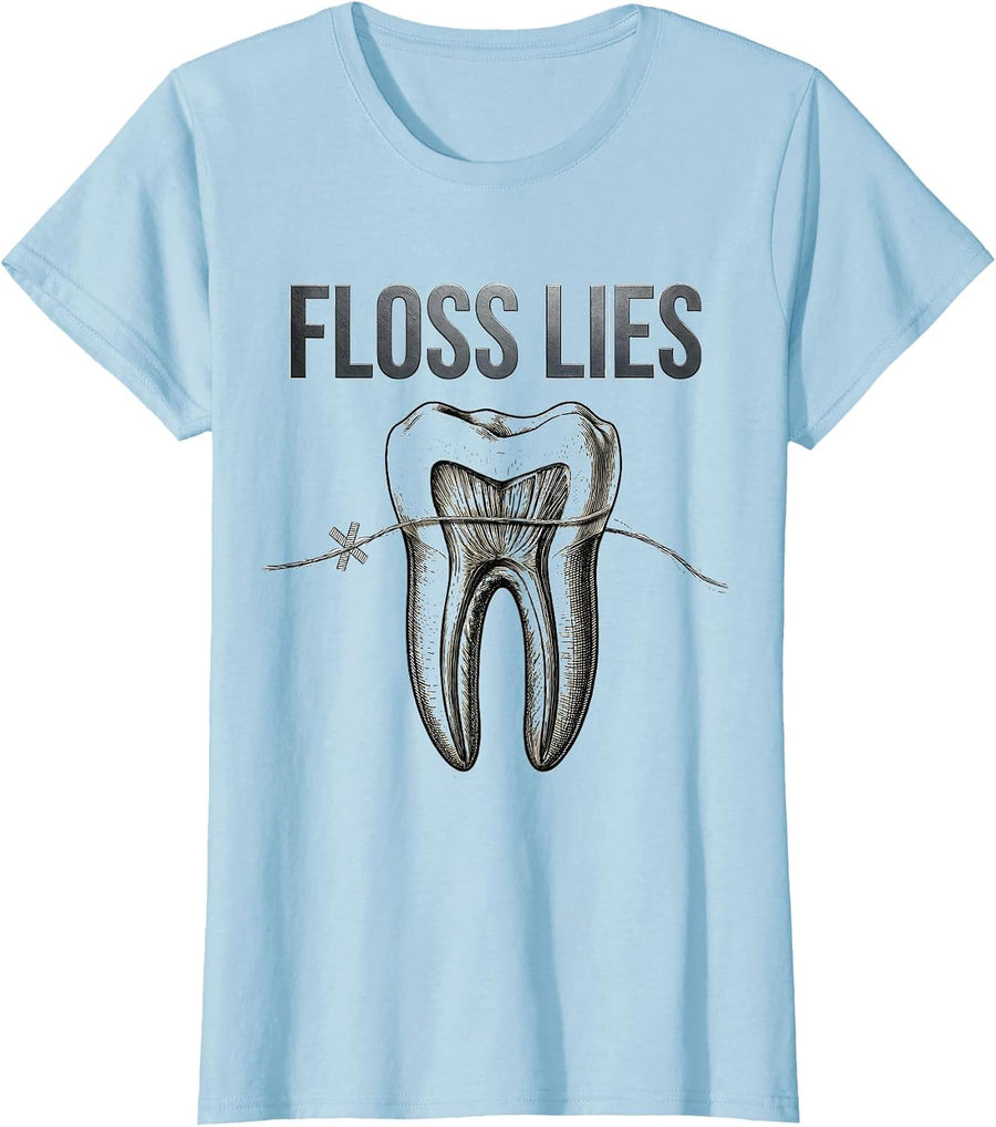 Women's Floss Lies Botanical Dental Hygienist Humor Dental Assistant T-Shirt - Baby Blue