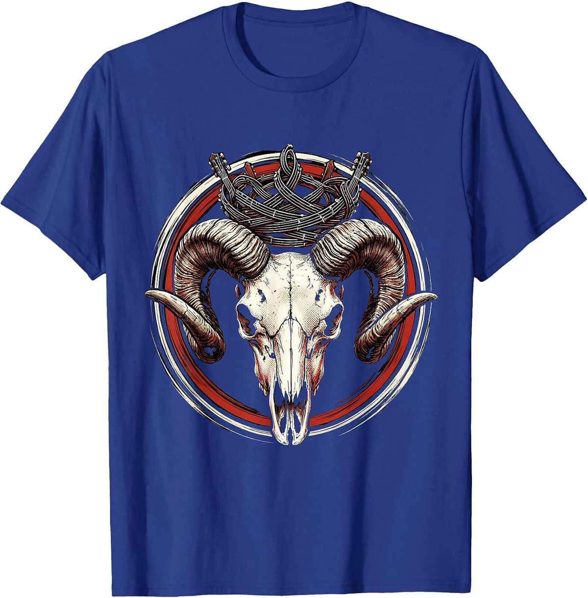 Ram Skull Crown of Guitar Strings Graphic T-Shirt - Royal Blue