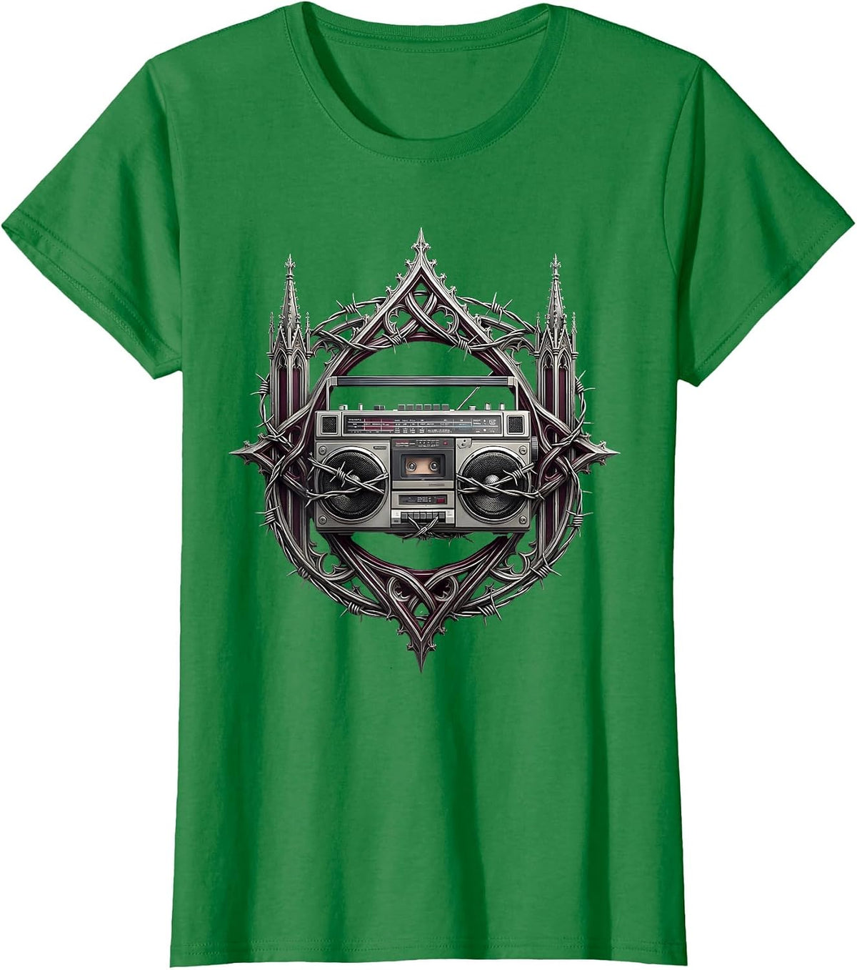 Vintage Boom Box Barbed Wire Punk Graphic T-Shirt - Kelly Green