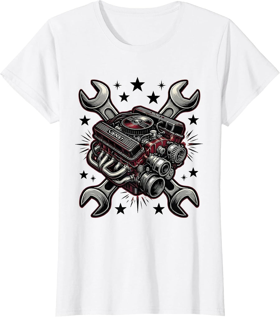 Women's Vintage V8 Engine Crossed Wrenches Mechanic Design T-Shirt - White
