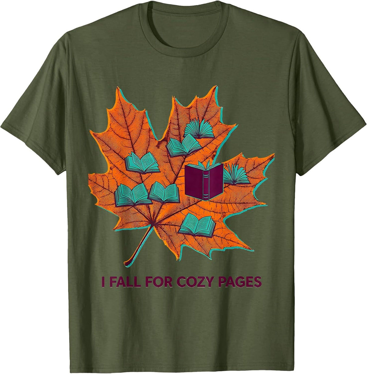 I Fall For Cozy Pages Risograph Fall Reading Teacher Autumn T-Shirt - Olive Green
