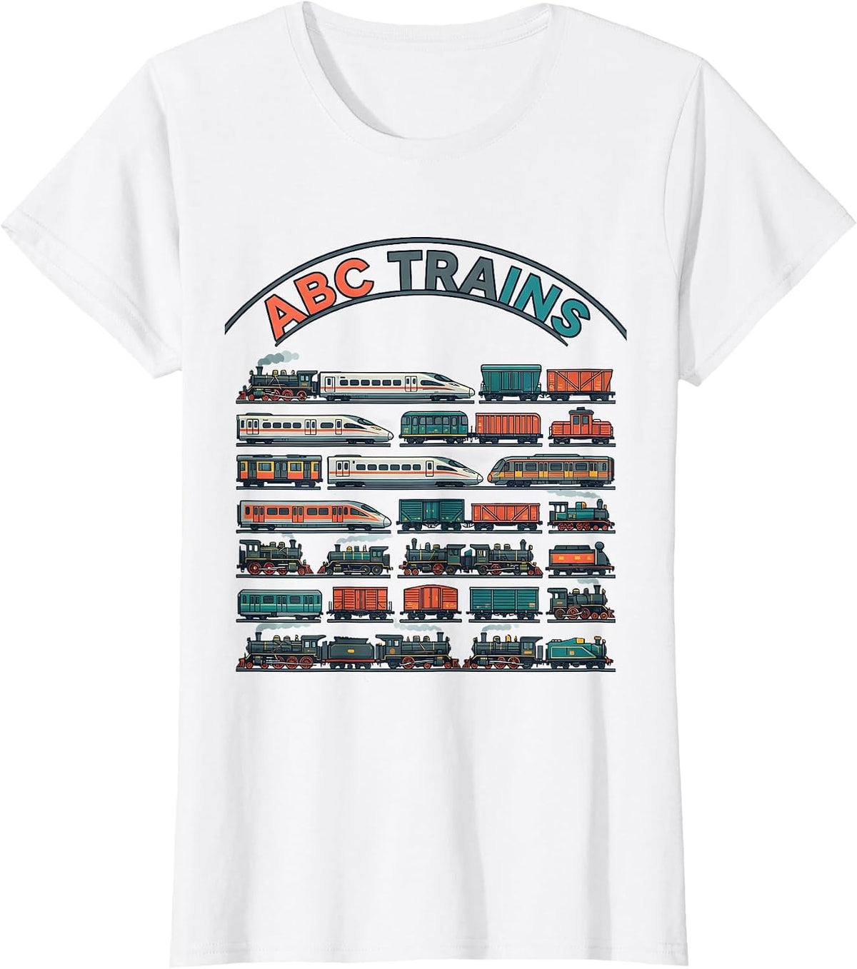 Women's ABC Trains Bold Alphabet A-Z Kids Learning Letters Railway T-Shirt - White