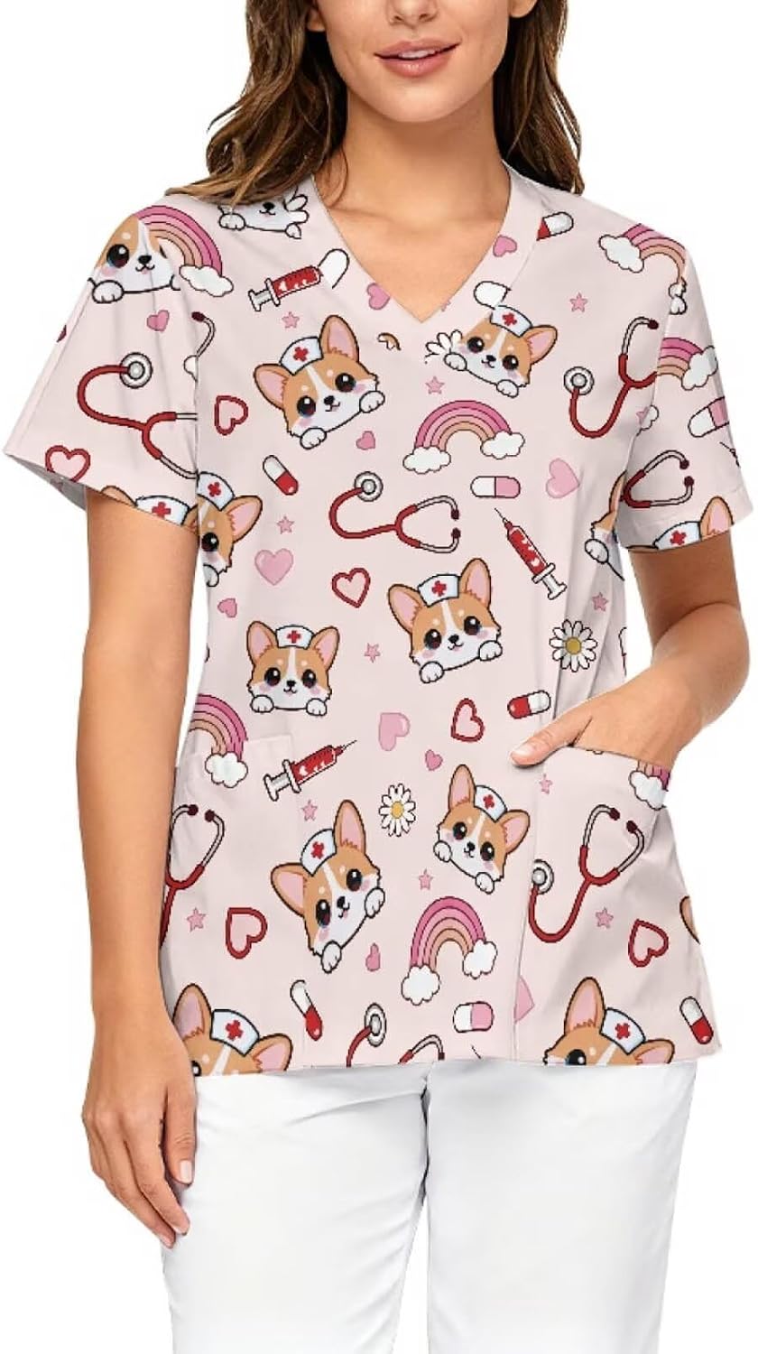 Scrub for Women Cute Short Sleeve V-Neck Scrubs Tops with Pockets Anti-Wrinkle, Stretch Medical Nursing Uniforms - Medical