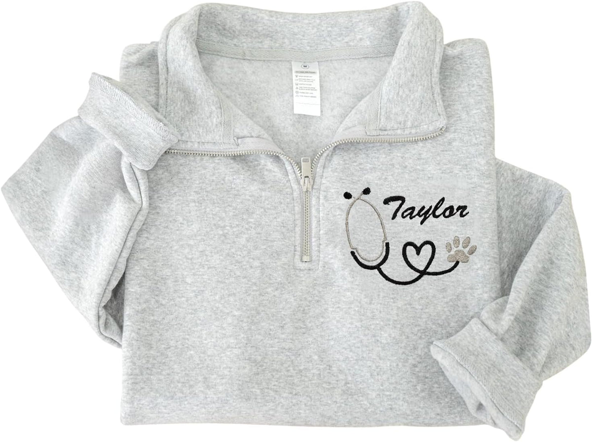 Custom Vet Tech Quarter Zip Sweatshirt, Personalized Embroidered Sweater for Veterinarian, Pet Clinic Team Uniform - Vet