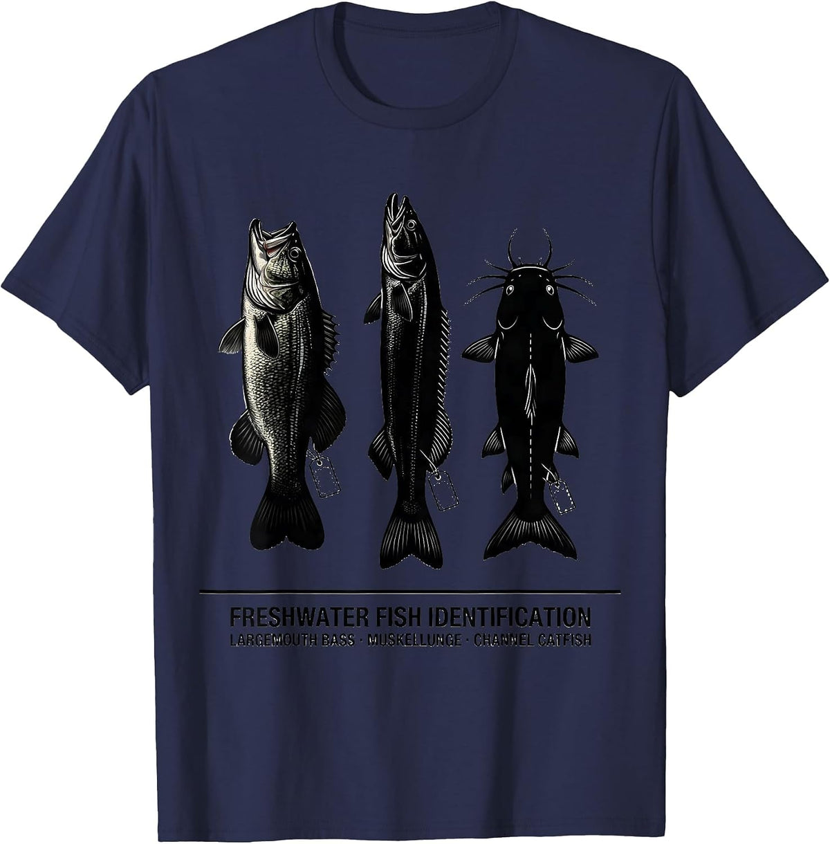 Men's Freshwater Fish ID Chart Largemouth Bass Muskellunge Catfish T-Shirt - Navy Blue