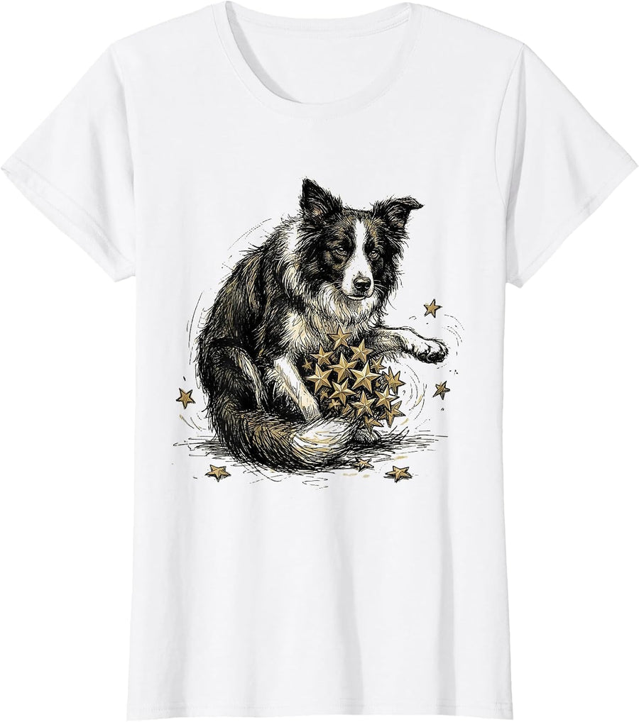 Women's Border Collie Herding Stars Celestial Dog Art T-Shirt - White