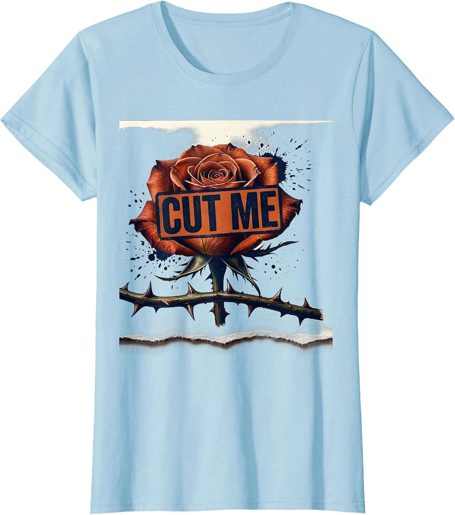 Women's Cut Me Pink Rose Rubber Stamp Gothic Floral Graphic T-Shirt - Baby Blue