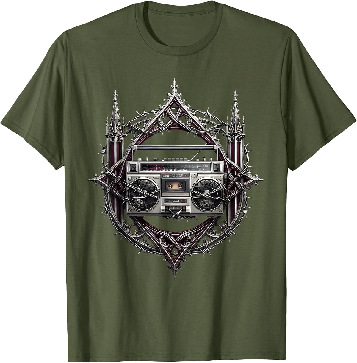 Vintage Boom Box Barbed Wire Punk Graphic T-Shirt - Olive Green