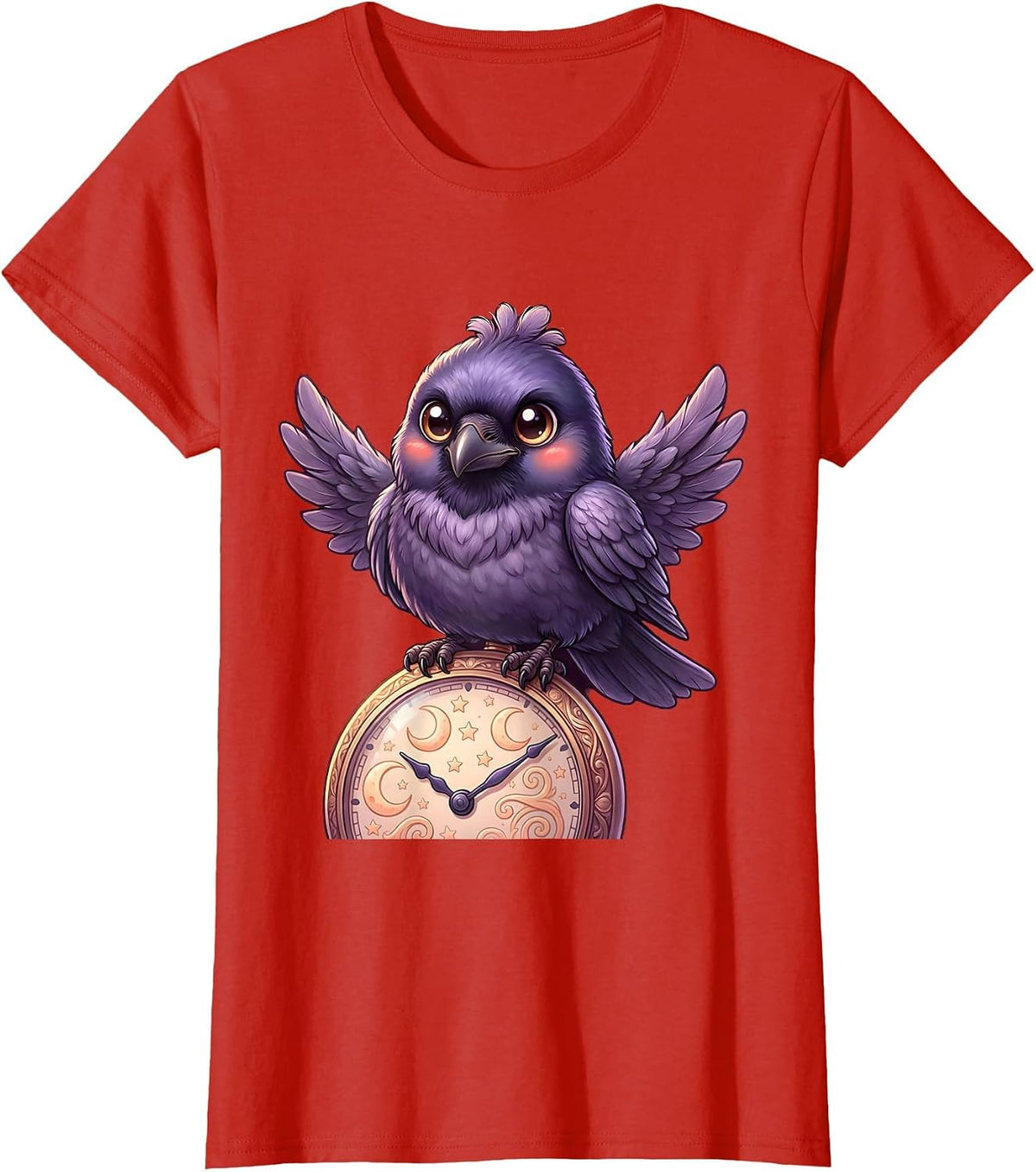 Raven With Pocket Watch Halloween Gothic Art T-Shirt - Red