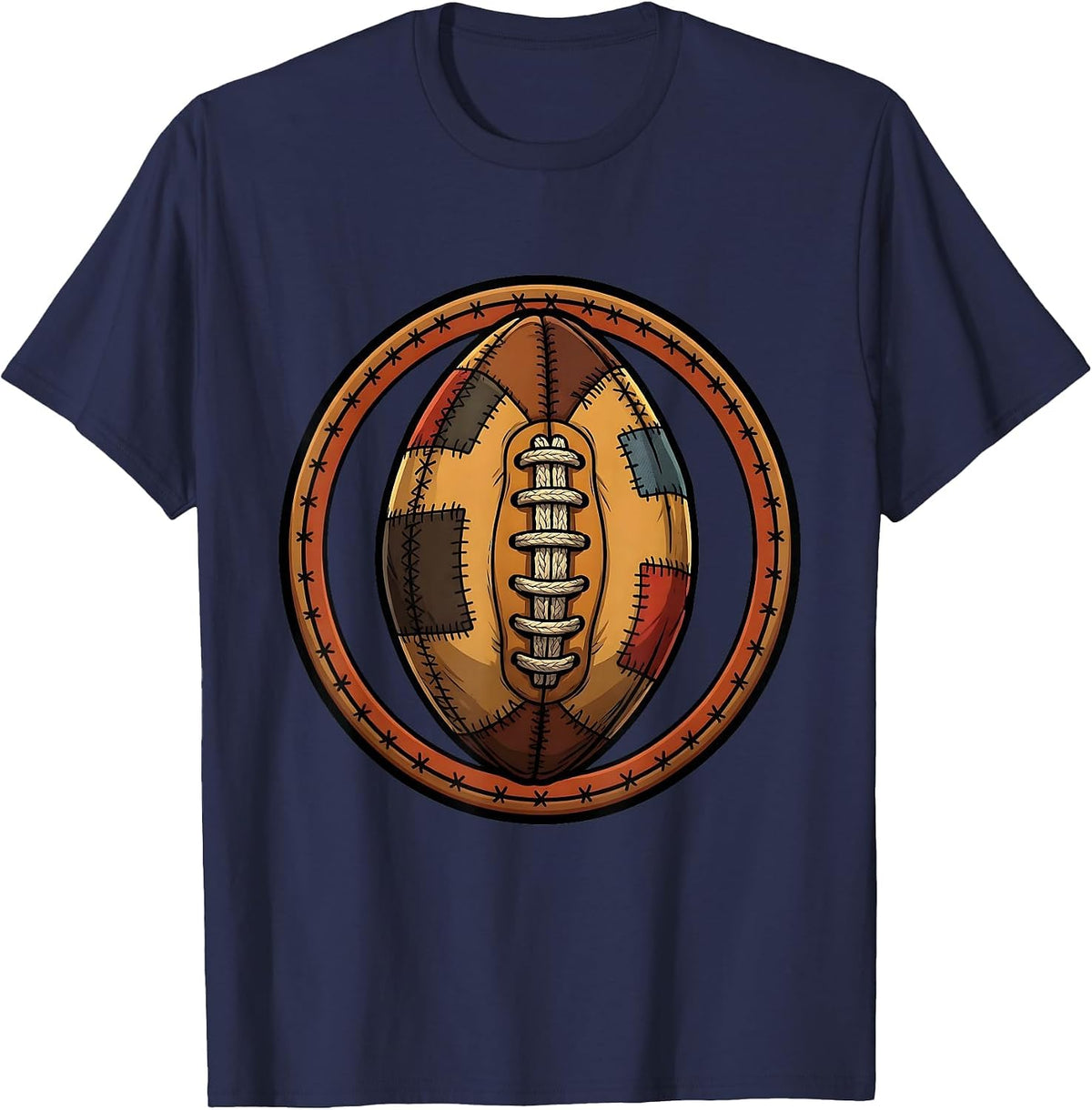 Worn and Patched Rugby Ball Graphic Design T-Shirt - Navy Blue