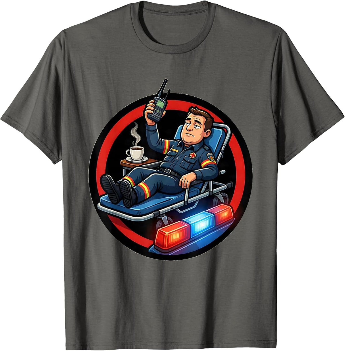 Paramedic Badge Calm Cartoon EMS Crew Off Duty Humor T-Shirt - Asphalt Grey