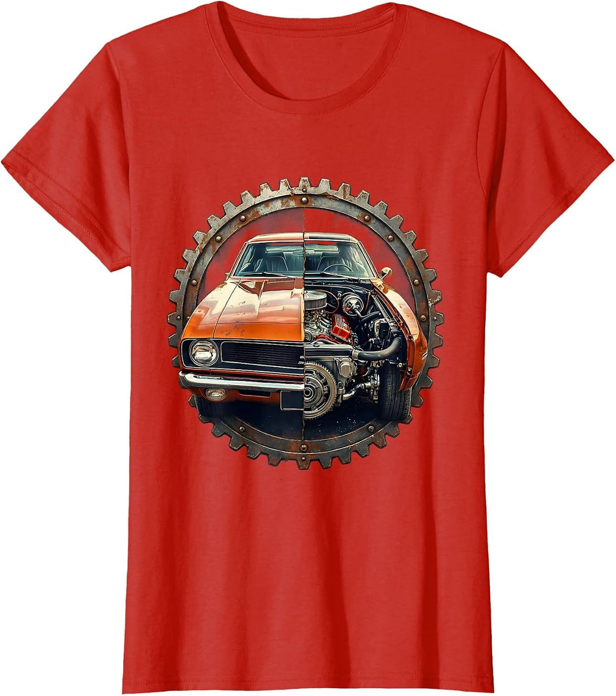 Classic Car Split Open Roaring Engine Illustration T-Shirt - Red