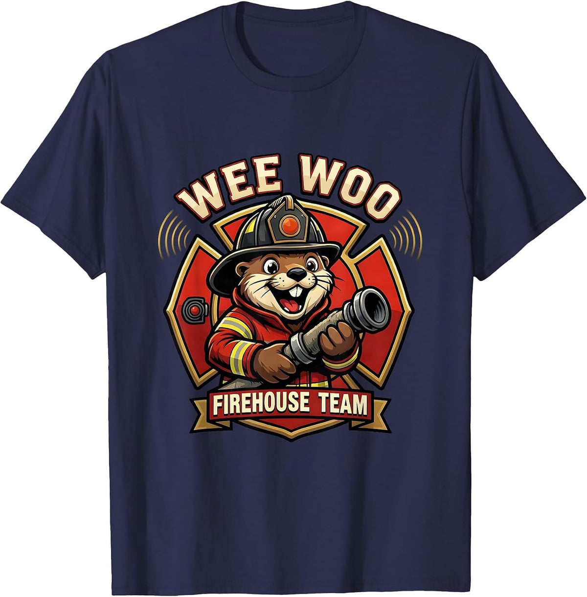 Wee Woo Firehouse Team Funny Firefighter Mascot Otter Logo T-Shirt - Navy Blue
