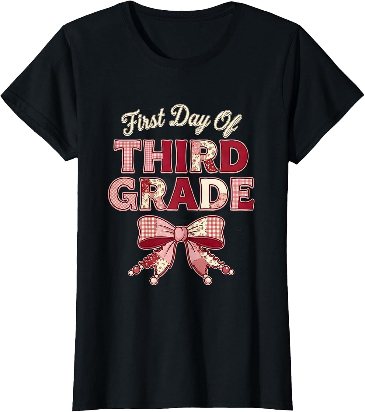 First Day Of Third Grade Coquette Floral Patchwork Back T-Shirt - Black