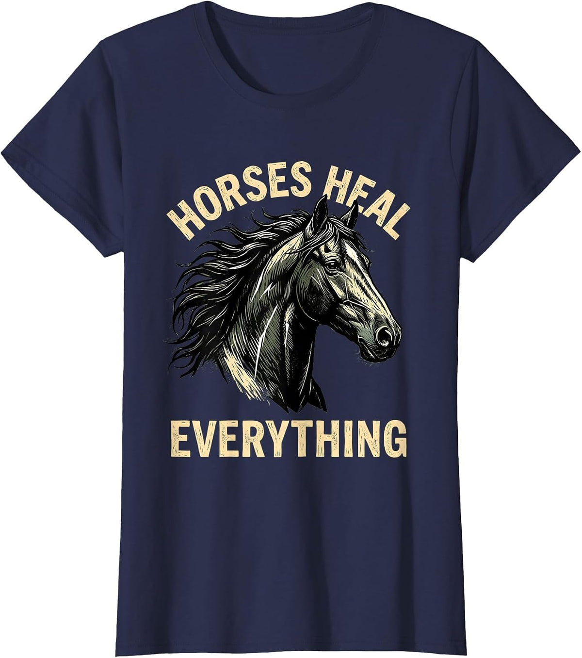 Women's Horses Heal Everything Equestrian Design T-Shirt - Navy Blue