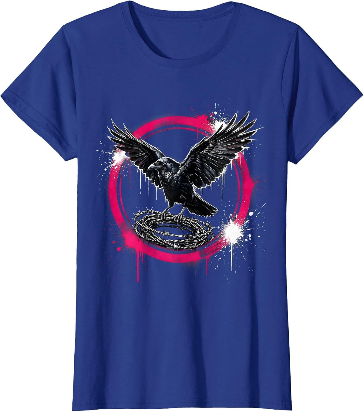 Women's Grunge Crow on Barbed Wire Illustration T-Shirt - Royal Blue