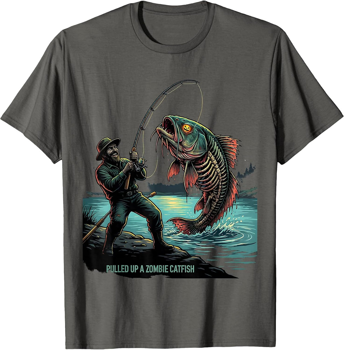Pulled Up A Zombie Catfish Funny Halloween Fishing Spooky T-Shirt - Asphalt Grey