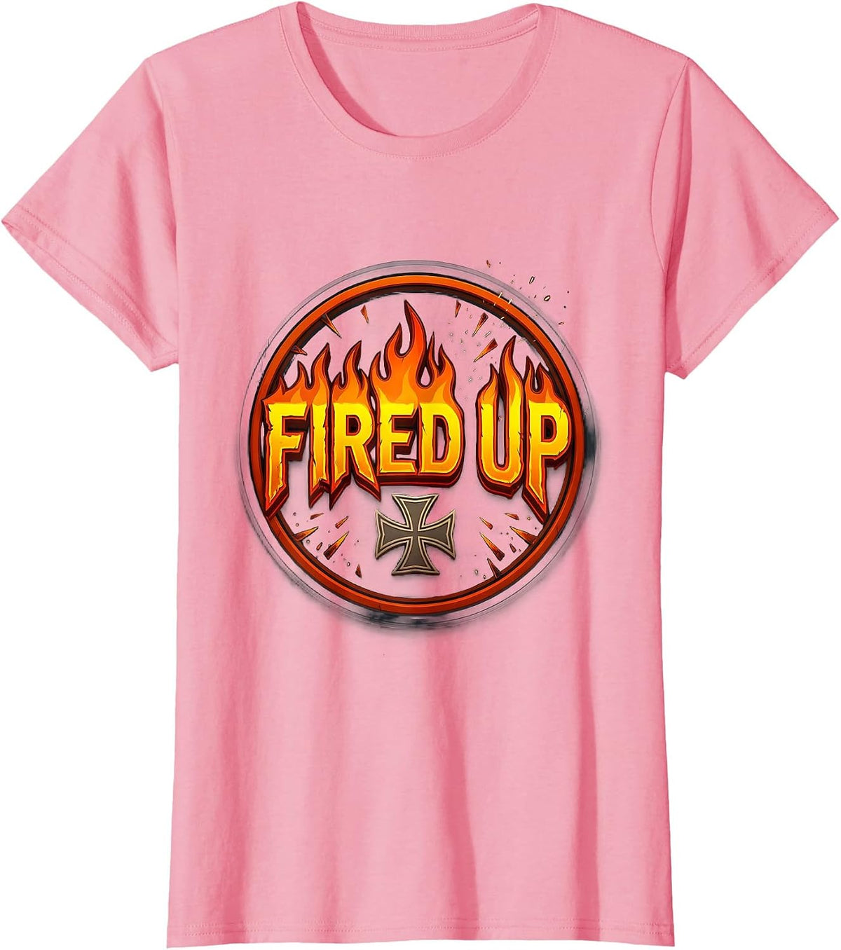 Women's Fired Up Gritty Flame Badge Firefighter Humor Occupation T-Shirt - Pink