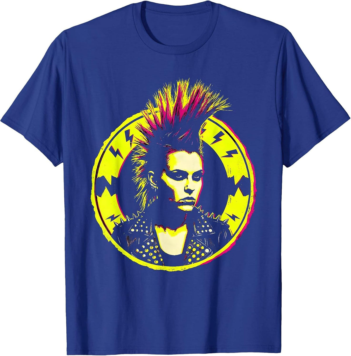 Punk Mohawk Studded Jacket Rock Band Graphic T-Shirt - Royal Blue