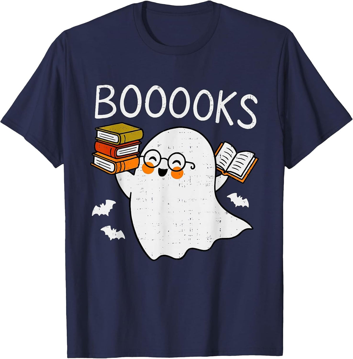 Booooks Ghost Reading Halloween Library Librarian Teacher T-Shirt - Navy Blue