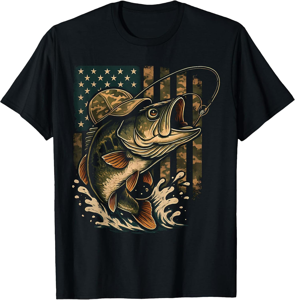 Fishing Camouflage US American Flag Bass Fish Fisherman Camo T-Shirt - Black