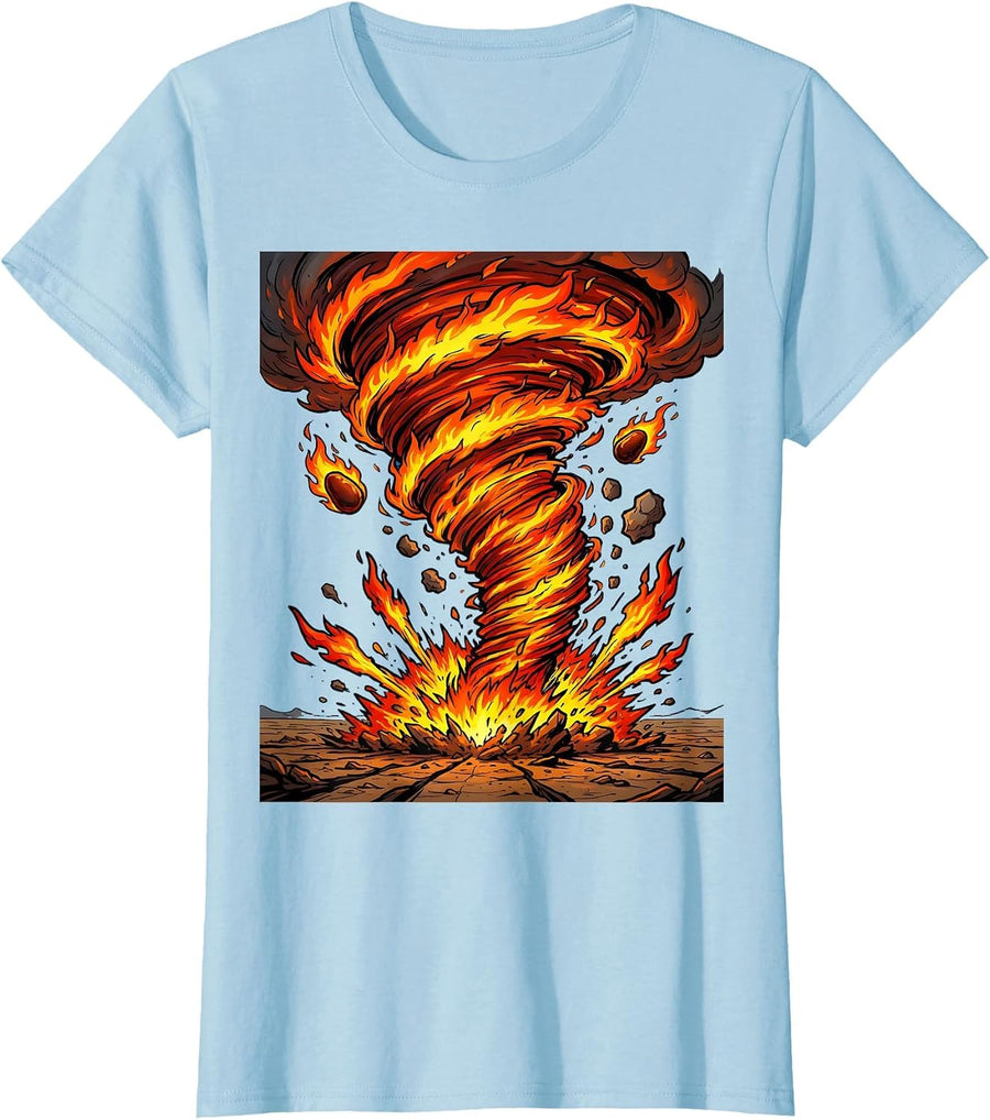 Women's Fire Tornado Swirling Across Open Landscape T-Shirt - Baby Blue