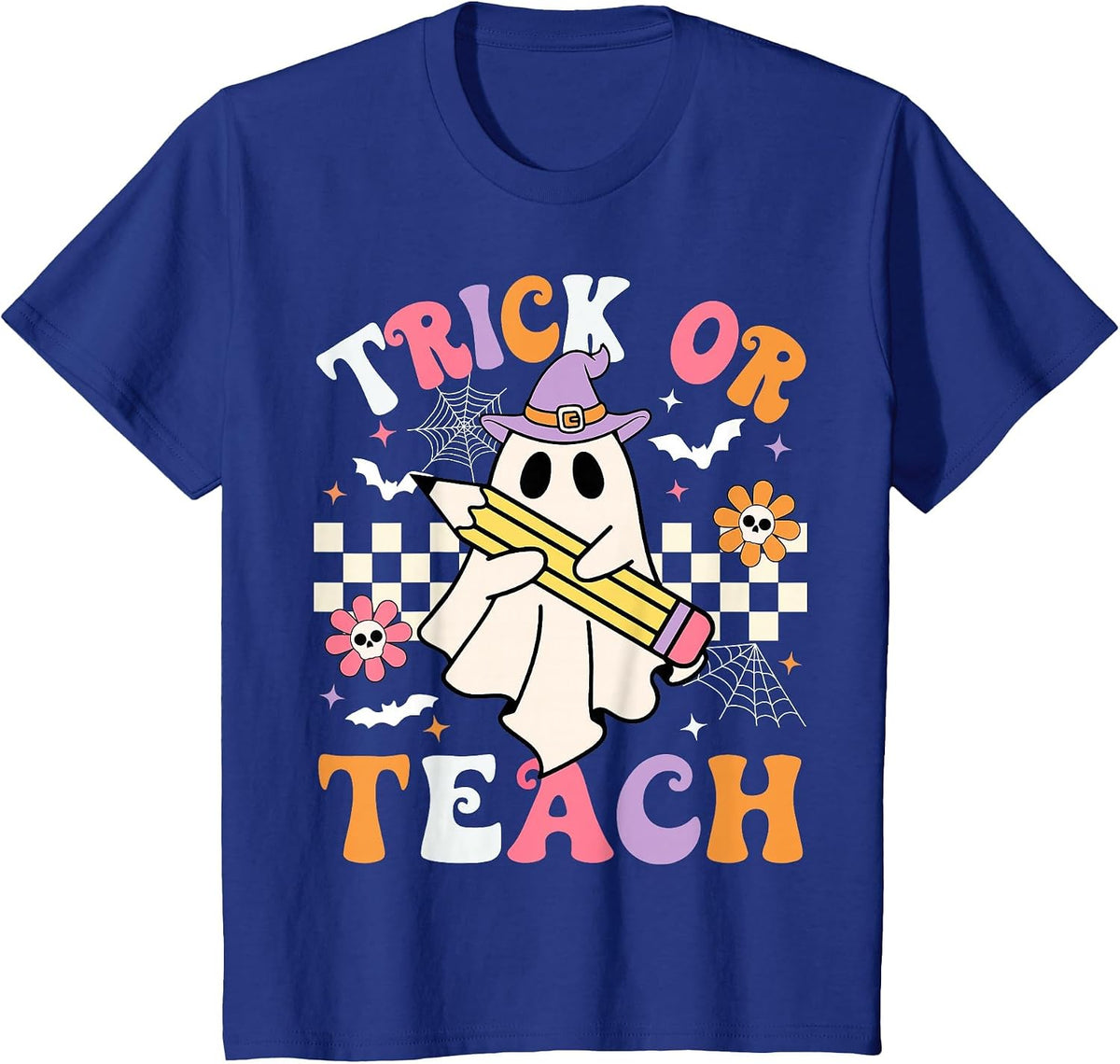 Trick Or Teach Groovy Teacher Halloween Retro Teacher Ghost T-Shirt - Royal Blue