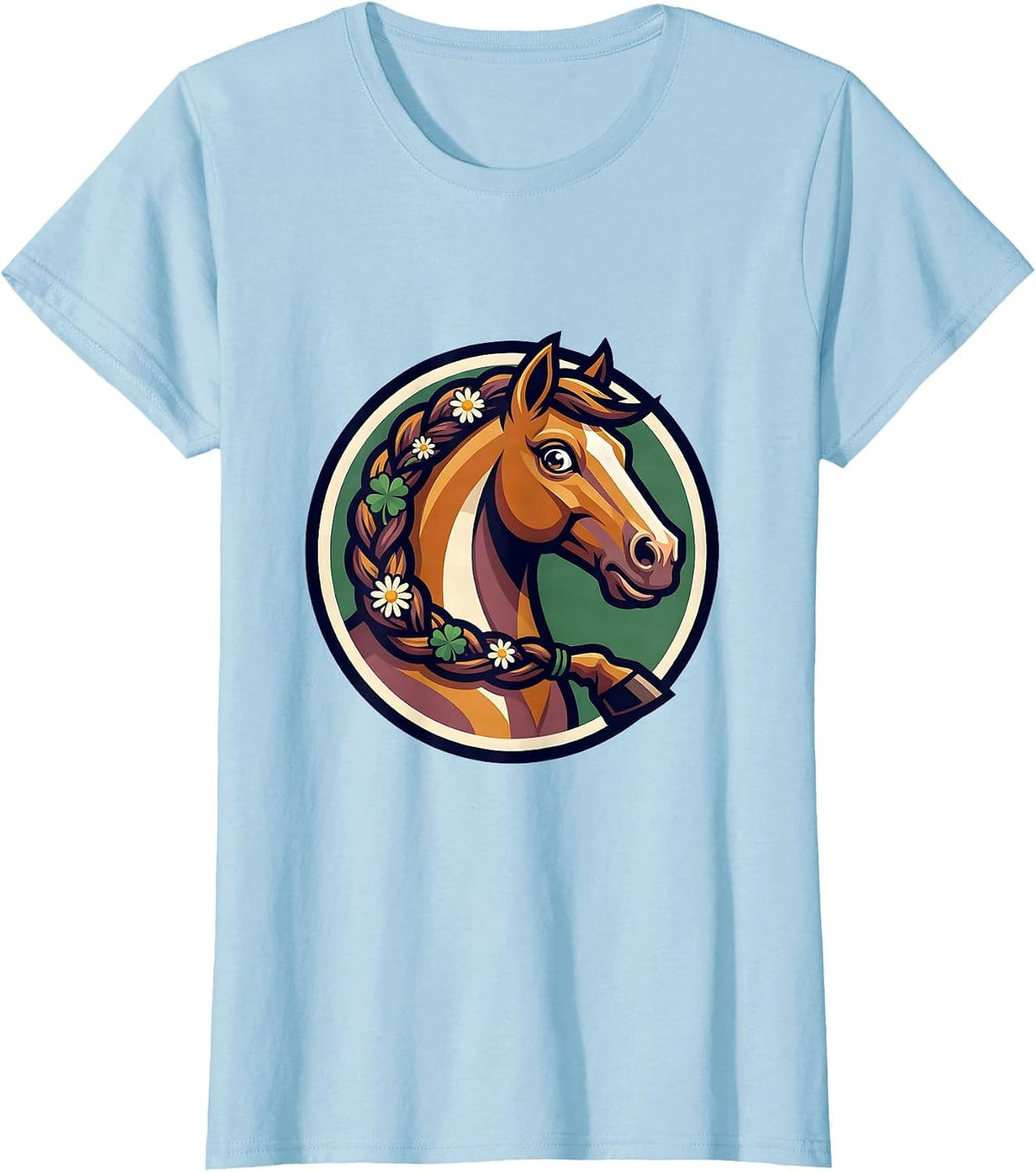 Women's Braided Horse Tail Wildflowers Floral Illustration T-Shirt - Baby Blue
